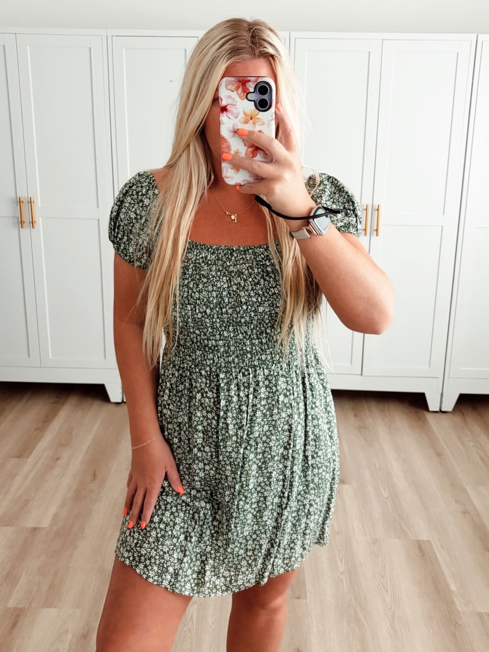 Green and white floral smocked puff sleeve mini dress